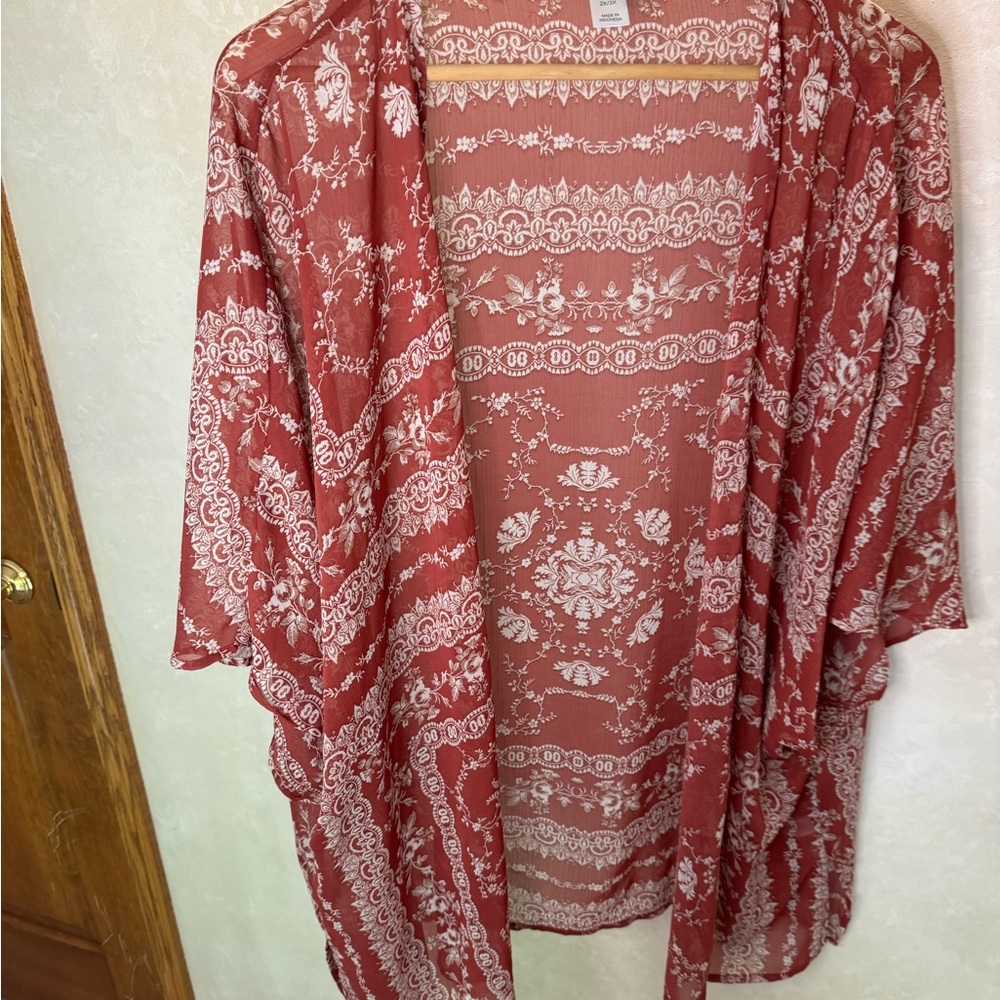 CJ Banks Rust-Tone Paisley Open Cardigan